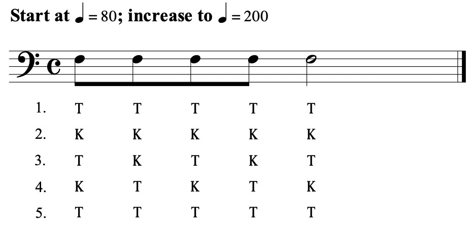 Example 3. Five-step exercise for learning the new multiple tongue syllables